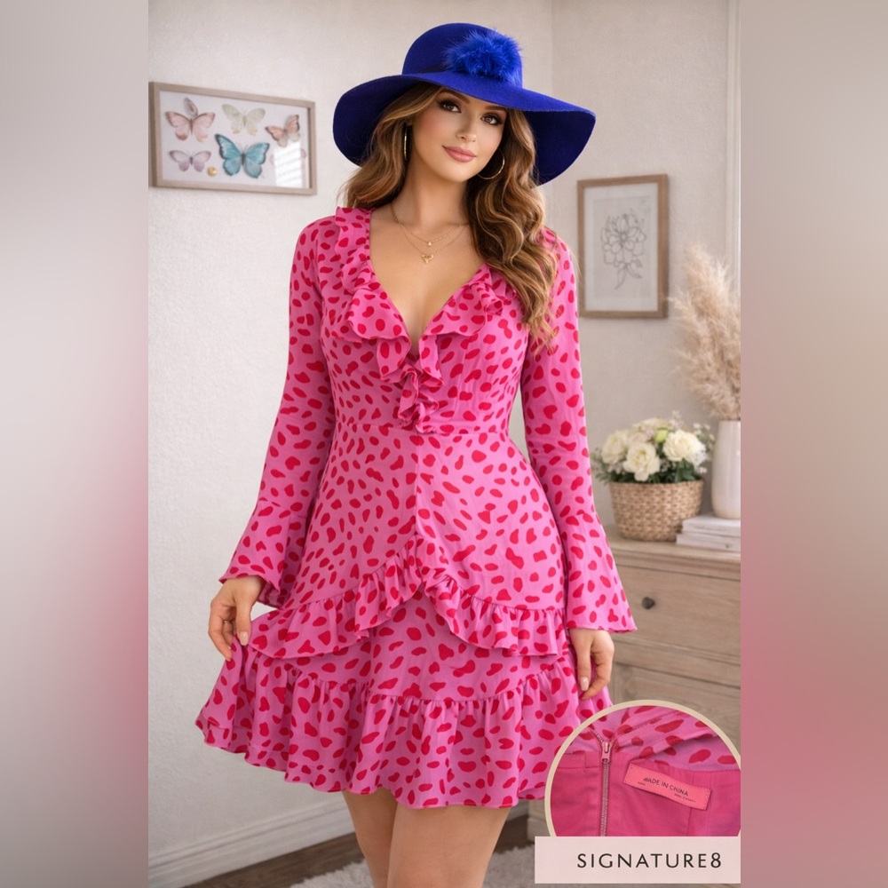 Signature 8 Pink Ruffle Mini Dress Polka Dot Long Sleeve L